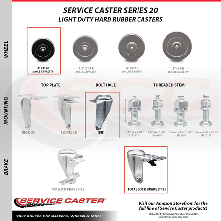 Service Caster 3 Inch SS Hard Rubber Wheel Swivel Bolt Hole Caster Set with 2 Total Lock Brakes SCC-SSBHTTL20S314-HRS-2-S-2